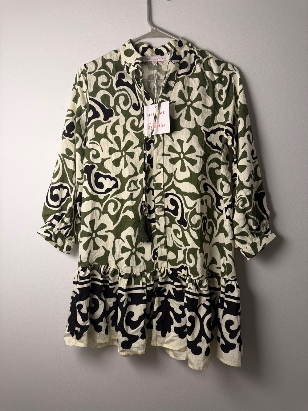 NWT Meet Me in Santorini Olive Scroll Tassel Tie Tunic Dress / XS